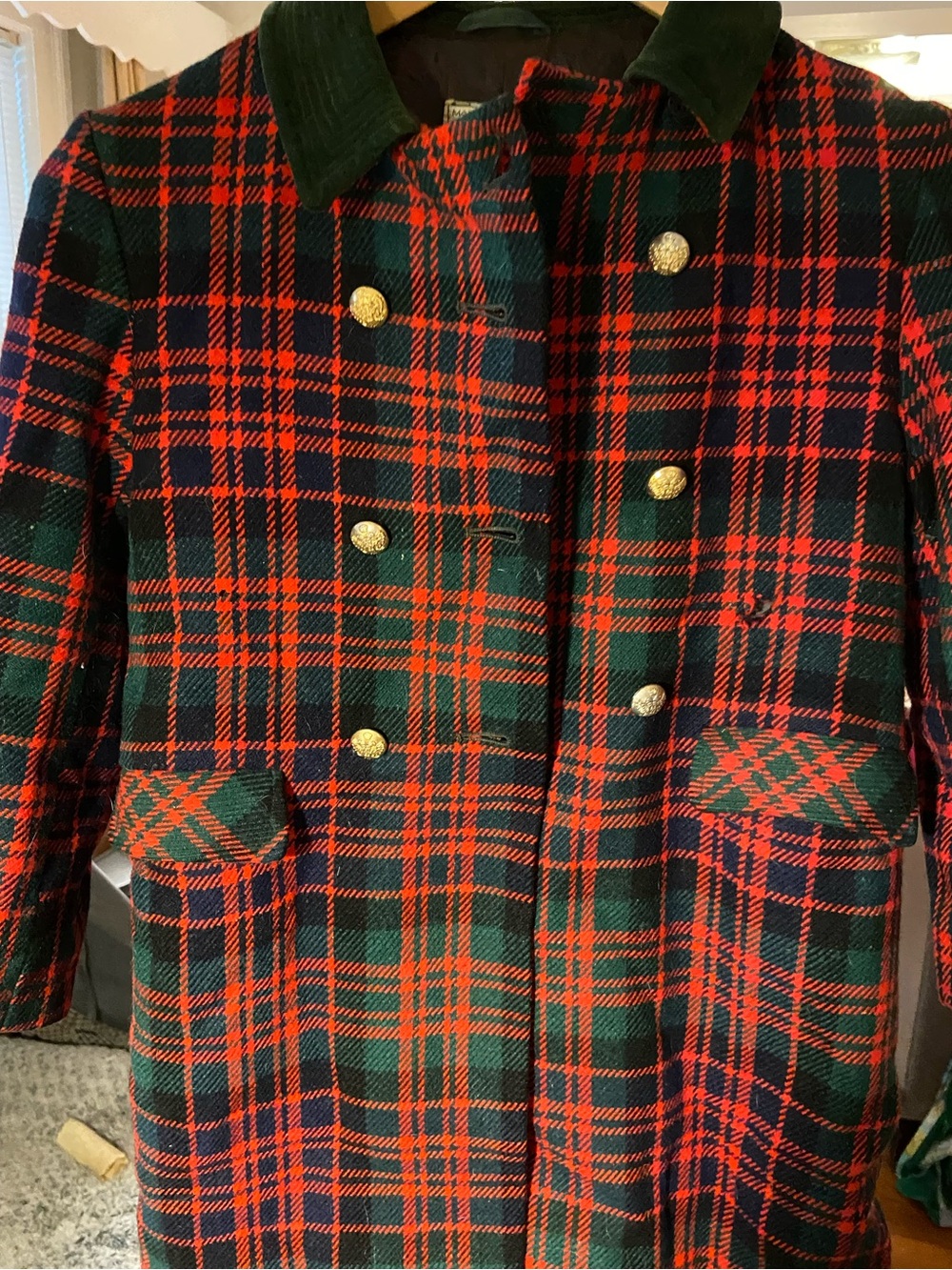 VINTAGE Girls' Red & Green Plaid Coat with Gold Buttons